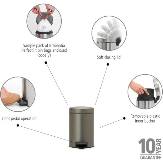 Brabantia NewIcon Pedal Bin 3L Platinum Soft Close Lid, Removable Plastic Inner Bucket, Supports Ocean Cleanup, 10-Year Guarantee Stylish Trash Can for Bathroom or Office - Brabantia - Image 3
