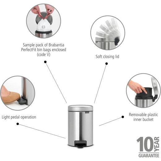 Brabantia NewIcon Pedal Bin 3L Matt Steel Fingerprint Proof, Soft Close Lid, Removable Plastic Inner Bucket, Supports Ocean Cleanup, 10-Year Guarantee - Brabantia - Image 5