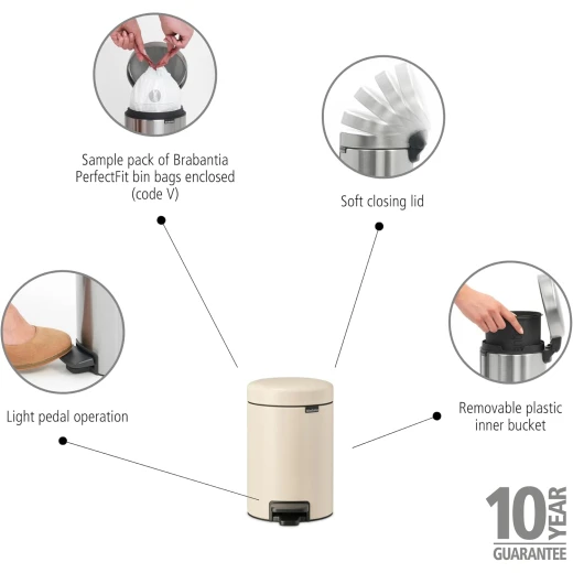 Brabantia NewIcon Pedal Bin 3L Small Waste Bin for Bathroom or Toilet Soft Closing Lid Light Pedal Operation with Removable Inner Bucket - Non-Slip Base  Soft Beige 23.5 cm x 16.8 cm x 16.8 cm - Brabantia - Image 2