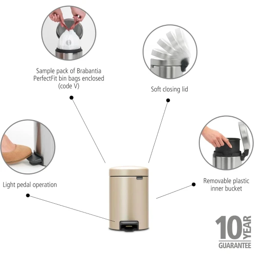 Brabantia NewIcon Pedal Bin 3L Champagne Soft Close Lid, Compact Design, Supports Ocean Cleanup, Stylish Trash Can for Bathroom or Office, 10-Year Guarantee - Brabantia - Image 9