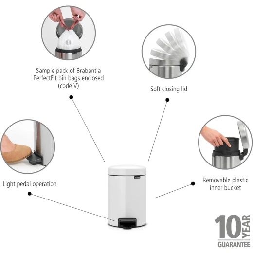 Brabantia NewIcon Pedal Bin 3L White Soft Close Lid, Removable Plastic Inner Bucket, Supports Ocean Cleanup, 10-Year Guarantee Stylish Small Trash Can for Bathroom or Office - Brabantia - Image 2