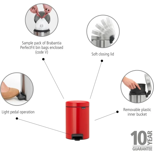 Brabantia NewIcon Pedal Bin 3L Red Soft Close Lid, Removable Plastic Inner Bucket, Supports Ocean Cleanup, 10-Year Guarantee Stylish Small Trash Can for Bathroom or Office - Brabantia - Image 2