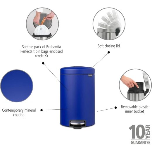 Brabantia - NewIcon Pedal Bin 12L - Medium Waste Bin for Kitchen or Bedroom - Soft Closing Lid - Light Pedal Operation - with Removable Inner Bucket - Non-Slip Base - Powerful Blue - 25 x 34 x 41 cm - Brabantia - Image 10