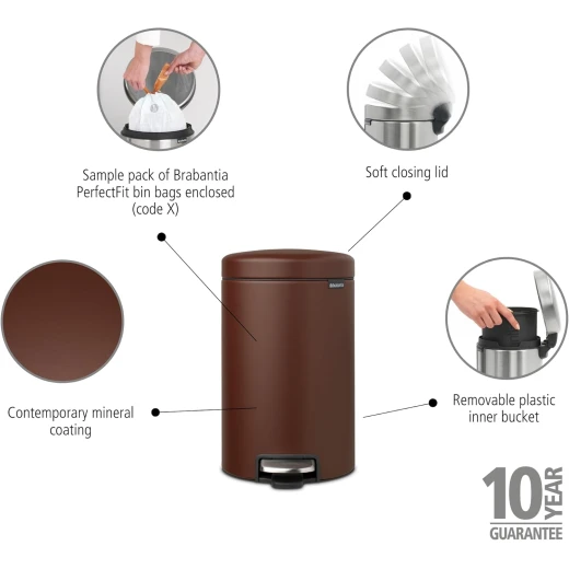 Brabantia - NewIcon Pedal Bin 12L - Medium Waste Bin for Kitchen or Bedroom - Soft Closing Lid - Light Pedal Operation - with Removable Inner Bucket - Non-Slip Base - Cosy Brown - 25 x 34 x 41 cm - Brabantia - Image 10