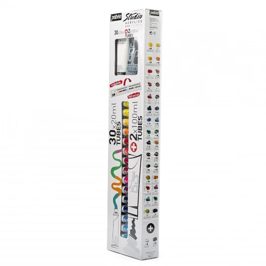 Pebeo Studio Acrylic Paint Set, 30 Tubes x 20ml + 2 x 100ml (Black & White), Fold-Out Acrylic Set with Rich, Vibrant Colours, Thick Consistency & Satin Matte Finish, High Pigment, Lightfast - Pebeo - Image 2