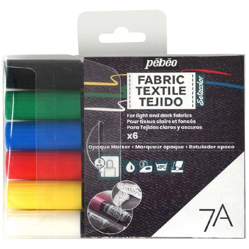 Pebeo Setacolor 7A Opaque Fabric Pens Pack of 6 Permanent, Vibrant Colors for Light & Dark Fabrics Machine Washable Includes White, Red, Yellow, Blue, Green, Black - Pebeo