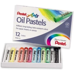 Pentel Oil Pastels, Set of 12 Vibrant Colors, Smooth Blending, Acid-Free & Fade-Resistant, Non-Toxic & Humid-Resistant, Ideal for Students, Kids & Hobby Artists