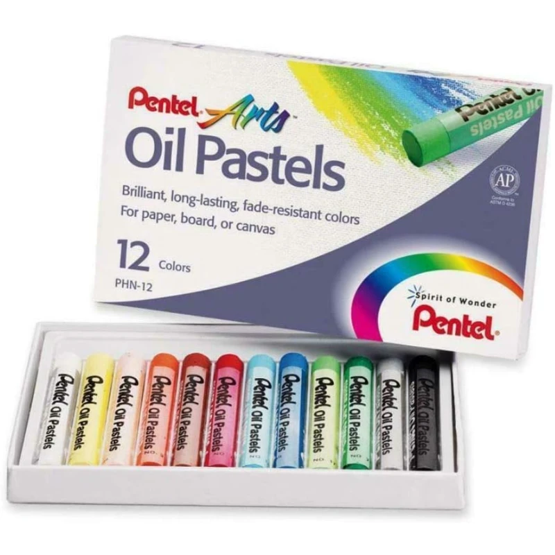 Pentel Oil Pastels, Set of 12 Vibrant Colors, Smooth Blending, Acid-Free & Fade-Resistant, Non-Toxic & Humid-Resistant, Ideal for Students, Kids & Hobby Artists