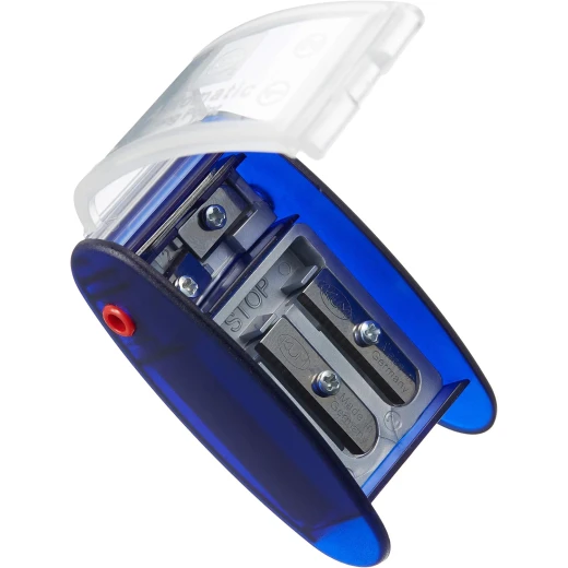 KUM AS2 Two-Hole Automatic Long Point Pencil Sharpener, Blue, High-Carbon Steel Blades, Smooth & Precise Sharpening, Compact Polystyrene Container, Durable & Portable