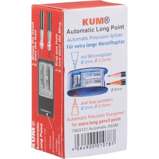KUM AS2 Two-Hole Automatic Long Point Pencil Sharpener, Blue, High-Carbon Steel Blades, Smooth & Precise Sharpening, Compact Polystyrene Container, Durable & Portable - Kum - Image 3