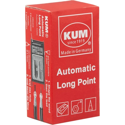KUM AS2 Two-Hole Automatic Long Point Pencil Sharpener, Blue, High-Carbon Steel Blades, Smooth & Precise Sharpening, Compact Polystyrene Container, Durable & Portable - Kum - Image 2