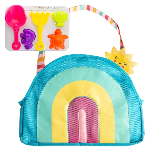 Stephen Joseph Beach Tote with Sand Toy Set, Rainbow Design, 5-Piece Kids Beach Toys, Mesh Back for Sand Release, Durable 600D Polyester, Cute & Easy-to-Carry Bag