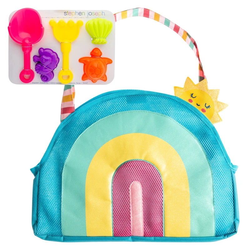 Stephen Joseph Beach Tote with Sand Toy Set, Rainbow Design, 5-Piece Kids Beach Toys, Mesh Back for Sand Release, Durable 600D Polyester, Cute & Easy-to-Carry Bag - Stephen Joseph