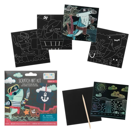 Stephen Joseph Scratch Art Kit for Kids, Shark Theme, Includes 6 Cards & Wooden Tool, Fun DIY Art Activity to Build Creativity & Motor Skills – Safe & Eco-Friendly - Stephen Joseph - Image 2