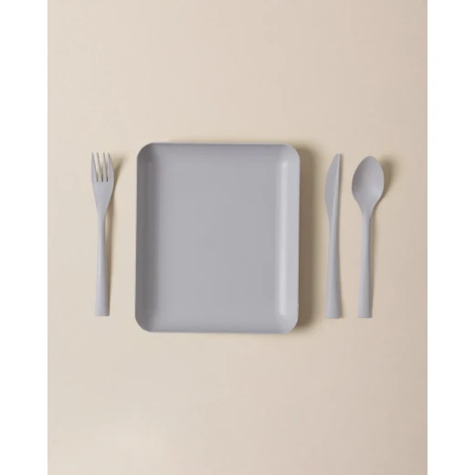 Madame COCO Camilla Picnic Set Soft Grey, Durable Plastic Tableware, Includes 6 Plates, Glasses, Forks, Spoons & Knives, Compact 32x24x10 cm Box - Madame COCO - Image 2