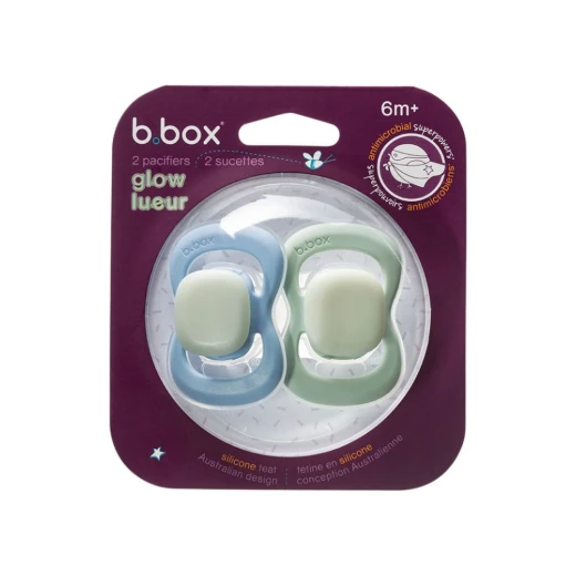 b.box Silicone Symmetrical Pacifier 6m+, Glow in the Dark, 2-Pack Blue & Sage, Orthodontic, Pediatrician Recommended - B.Box - Image 4
