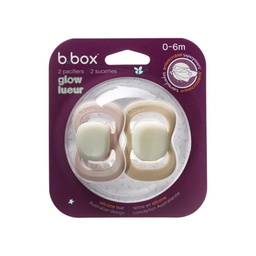 b.box Silicone Symmetrical Pacifier 6m+, Glow in the Dark, 2-Pack Pink/latte, Orthodontic, Pediatrician Recommended - B.Box - Image 4