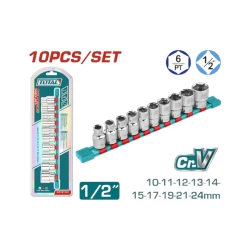 Total 10-Piece 1/2-Inch Drive Socket Set (10-24mm), Durable Steel with Storage Case for Versatile Use