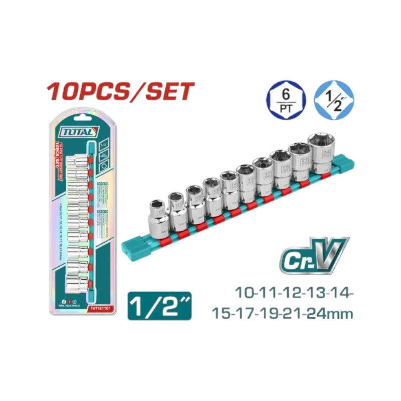 Total 10-Piece 1/2-Inch Drive Socket Set (10-24mm), Durable Steel with Storage Case for Versatile Use - Total