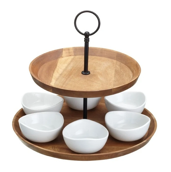 KitchenCraft Wooden Etagere Stand with 6 Bowls - Stylish and Functional Serveware - KitchenCraft
