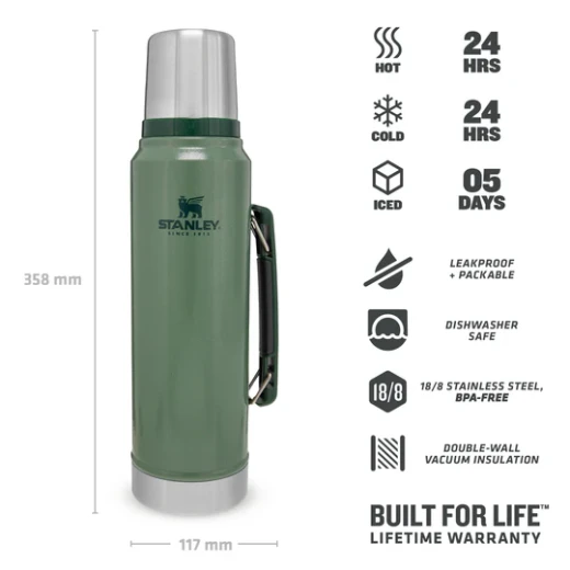 Stanley Classic Legendary Bottle 1.0L –  Hammertone Green Insulated Bottle for Hot & Cold Beverages - Stanley - Image 5