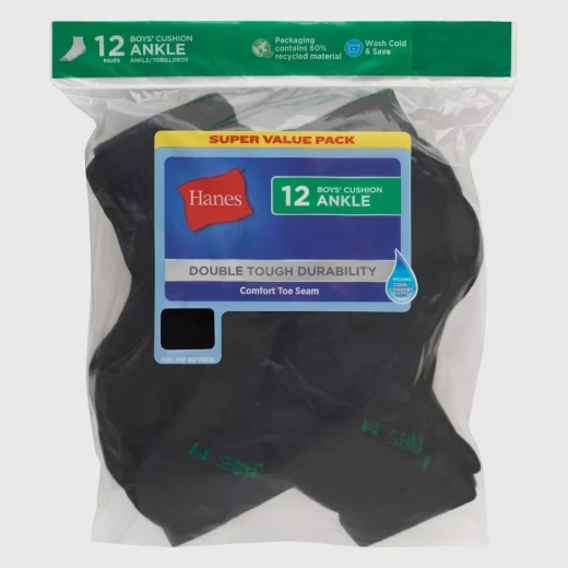 Hanes Boys' 12pk Cushioned Ankle Athletic Socks Black M - Hanes - Image 3