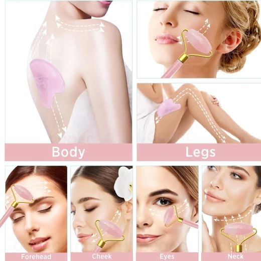 Glowtone Rose Quartz & Jade Facial Roller Gift Set – Dual-Sided Face, Eye, Neck & Foot Massager with Gua Sha – Beauty Tool for Men & Women (Pink) - Glowtone - Image 4