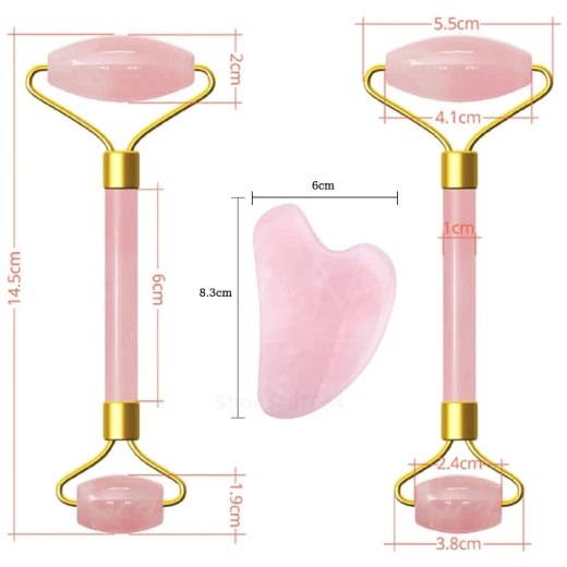 Glowtone Rose Quartz & Jade Facial Roller Gift Set – Dual-Sided Face, Eye, Neck & Foot Massager with Gua Sha – Beauty Tool for Men & Women (Pink) - Glowtone - Image 2