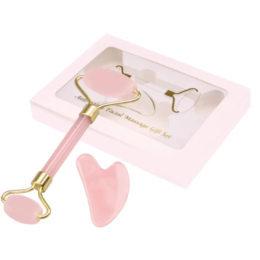 Glowtone Rose Quartz & Jade Facial Roller Gift Set – Dual-Sided Face, Eye, Neck & Foot Massager with Gua Sha – Beauty Tool for Men & Women (Pink) Glowtone Rose Quartz & Jade Facial Roller Gift Set – Dual-Sided Face, Eye, Neck & Foot Massager with Gua Sha – Beauty Tool for Men & Women (Pink)