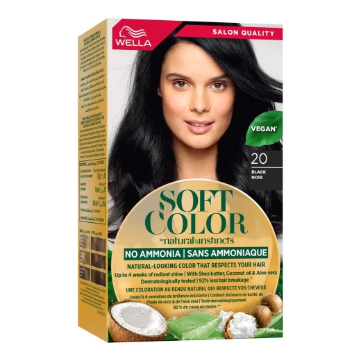 Wella Soft Color 20 Black Ammonia-Free Hair Dye, Permanent, 100% Gray Coverage, Nourishing Formula, Complete Kit