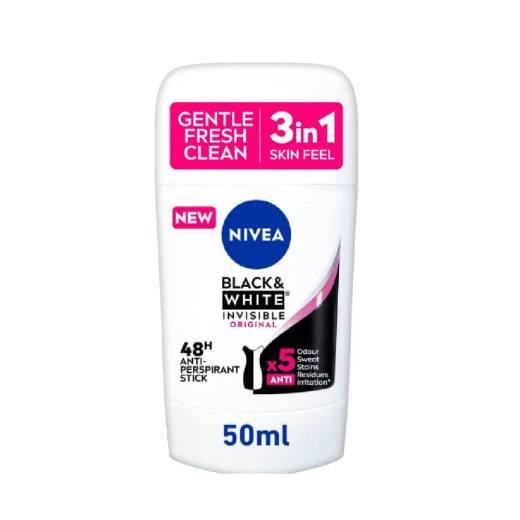 Nivea Black & White Women’s Deodorant Stick 50ml, Long-Lasting Protection, No White Marks, Fresh & Gentle Formula