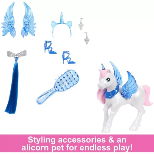 Mattel Barbie 65th Anniversary Unicorn Doll with Blue Hair, Pink Gown, Sapphire Wings & Pet Alicorn - Barbie - Image 3