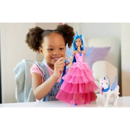 Mattel Barbie 65th Anniversary Unicorn Doll with Blue Hair, Pink Gown, Sapphire Wings & Pet Alicorn - Barbie - Image 4