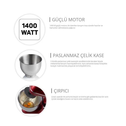 خلاط قائم أرزوم 5 لتر 1400 واط أحمر - AR1143-R للخبز - ارزوم - Image 8