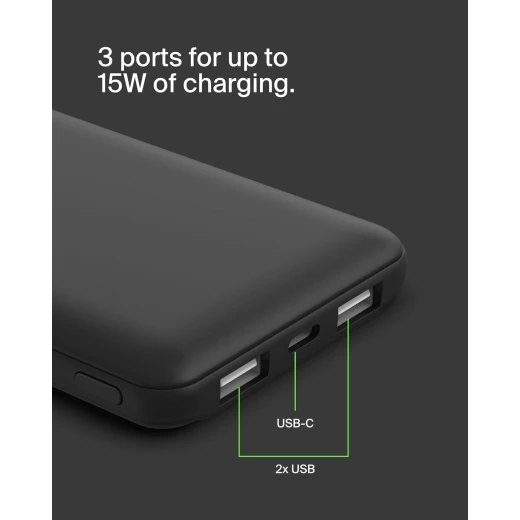 Belkin BoostCharge 3-Port 10K Power Bank with USB-C 15W, dual USB-A, 15cm USB-A to USB-C Cable, Black - Belkin - Image 3