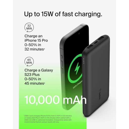 Belkin BoostCharge 3-Port 10K Power Bank with USB-C 15W, dual USB-A, 15cm USB-A to USB-C Cable, Black - Belkin - Image 7