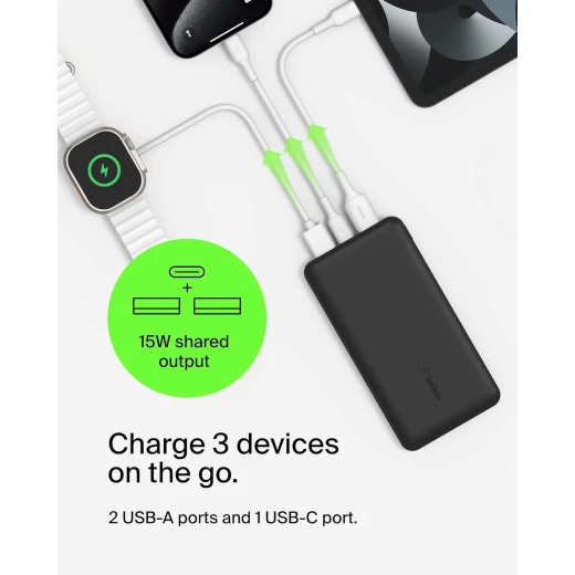 Belkin BoostCharge 3-Port 10K Power Bank with USB-C 15W, dual USB-A, 15cm USB-A to USB-C Cable, Black - Belkin - Image 9