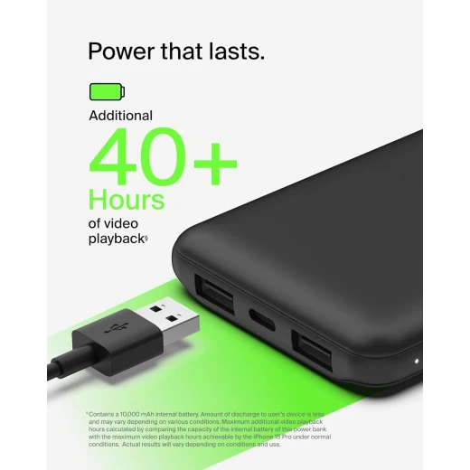 Belkin BoostCharge 3-Port 10K Power Bank with USB-C 15W, dual USB-A, 15cm USB-A to USB-C Cable, Black - Belkin - Image 8
