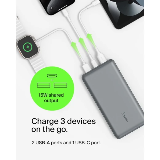 Belkin 20000mAh USB-C Power Bank Portable Charger with 2 USB-A Ports - Gray - Belkin - Image 10