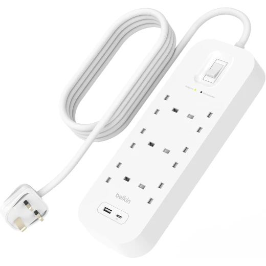Belkin 6-Outlet Surge Protector Power Strip, Wall-Mountable with 6 AC Outlets, 2M Power Cord, & Green Indicator Light - USB-C Port & USB-A Port w/USB-C PD Fast Charging - 650 Joules of Protection Belkin 6-Outlet Surge Protector Power Strip, Wall-Mountable with 6 AC Outlets, 2M Power Cord, & Green Indicator Light - USB-C Port & USB-A Port w/USB-C PD Fast Charging - 650 Joules of Protection