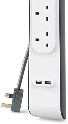 سلك تمديد مع فتحات USB × 2 (2.4 أمبير مشترك)، 4 اتجاهات/4 مقابس، شريط طاقة محمي من زيادة التيار بطول 2 متر - أبيض - بيلكين - Image 4