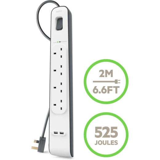 سلك تمديد مع فتحات USB × 2 (2.4 أمبير مشترك)، 4 اتجاهات/4 مقابس، شريط طاقة محمي من زيادة التيار بطول 2 متر - أبيض - بيلكين - Image 3