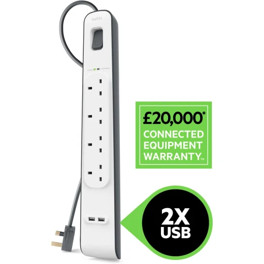 سلك تمديد مع فتحات USB × 2 (2.4 أمبير مشترك)، 4 اتجاهات/4 مقابس، شريط طاقة محمي من زيادة التيار بطول 2 متر - أبيض - بيلكين - Image 2