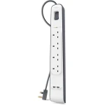 سلك تمديد مع فتحات USB × 2 (2.4 أمبير مشترك)، 4 اتجاهات/4 مقابس، شريط طاقة محمي من زيادة التيار بطول 2 متر - أبيض - بيلكين