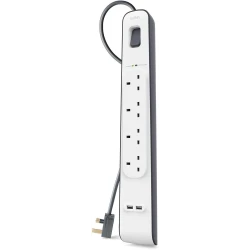Belkin Extension Lead with USB Slots x 2 (2.4 A Shared), 4 Way/4 Plug Extension, 2m Surge Protected Power Strip - White