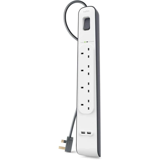 سلك تمديد مع فتحات USB × 2 (2.4 أمبير مشترك)، 4 اتجاهات/4 مقابس، شريط طاقة محمي من زيادة التيار بطول 2 متر - أبيض سلك تمديد مع فتحات USB × 2 (2.4 أمبير مشترك)، 4 اتجاهات/4 مقابس، شريط طاقة محمي من زيادة التيار بطول 2 متر - أبيض