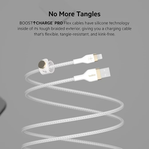 كابل بلكين بوست تشارج برو فليكس مضفّر من السيليكون – USB-A إلى لايتنينغ، بطول 1 متر، أبيض - بيلكين - Image 5