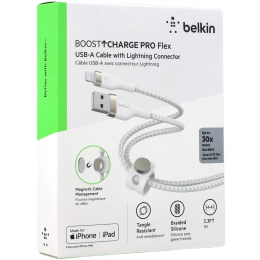كابل بلكين بوست تشارج برو فليكس مضفّر من السيليكون – USB-A إلى لايتنينغ، بطول 1 متر، أبيض - بيلكين - Image 2