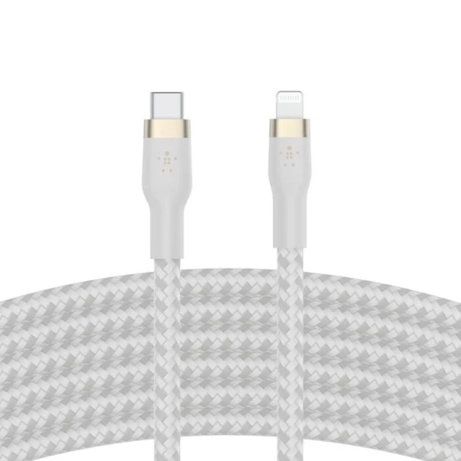 كابل بلكين بوست تشارج برو فليكس مضفّر من السيليكون – USB-C إلى لايتنينغ، بطول 3 أمتار، أبيض