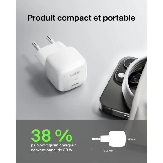 شاحن حائط بيلكين USB-C بقوة 30 واط: شحن سريع لأجهزة iPhone 15 والمزيد - بيلكين - Image 2